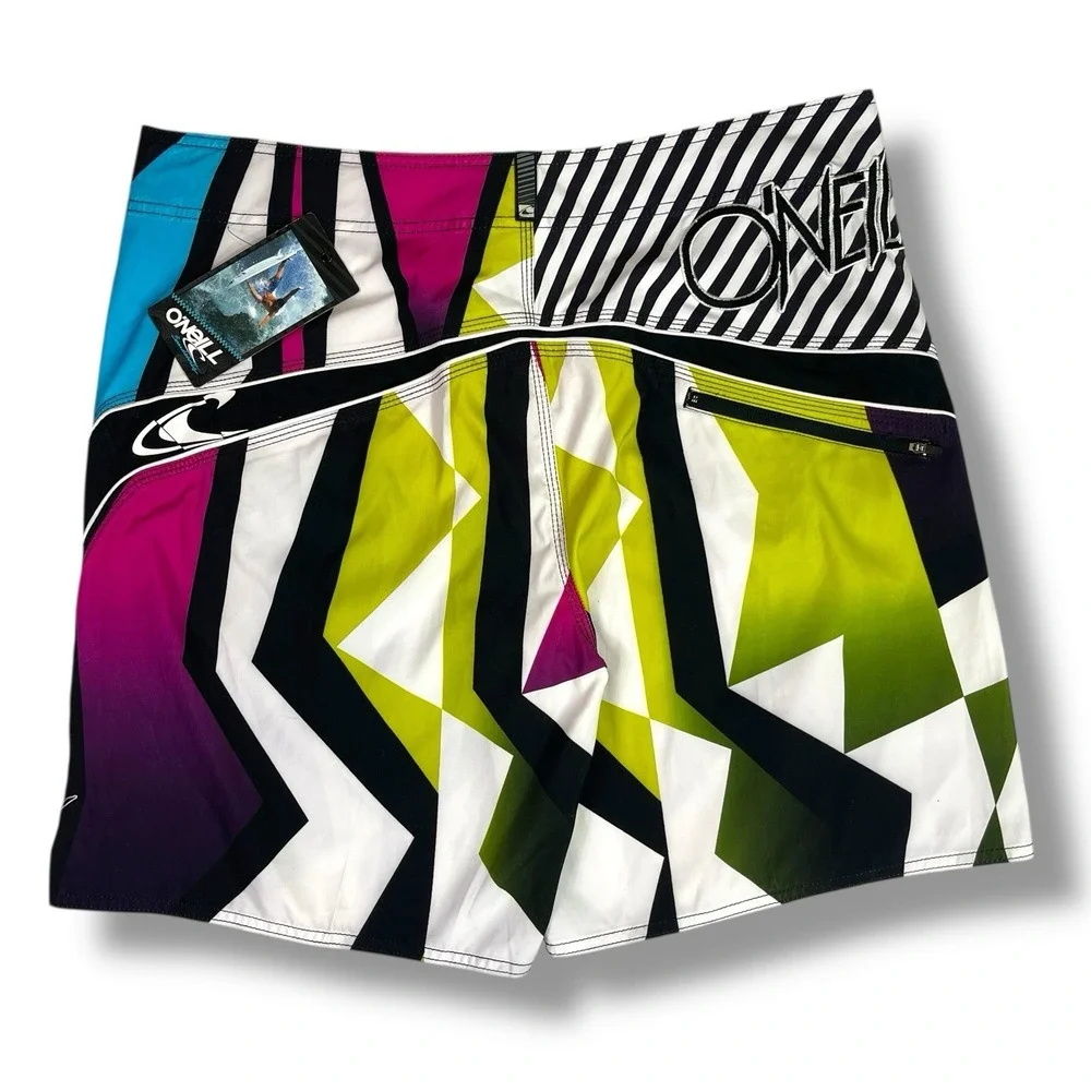 O'Neill Board Shorts Mens 38 Y2K 90s Surf Retro Geometric Multicolor Swim Trunks